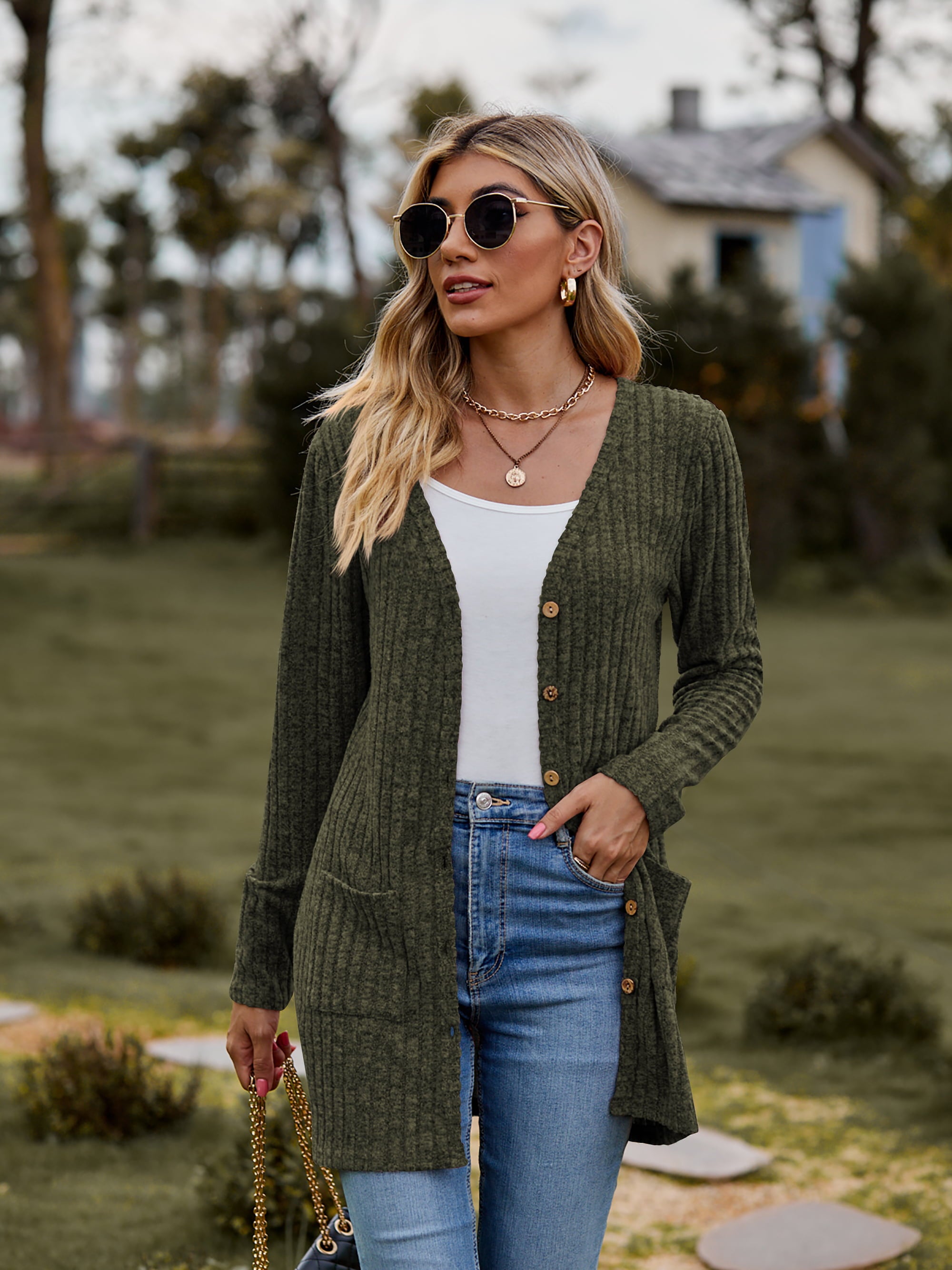 Ribbed Button UP Cardigan with Pockets Charming Charlie