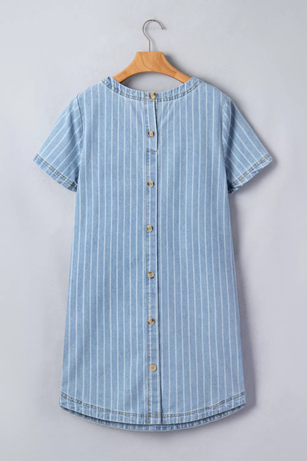 Stripe Buttoned Back T-Shirt Denim Mini Dress Light Blue / M