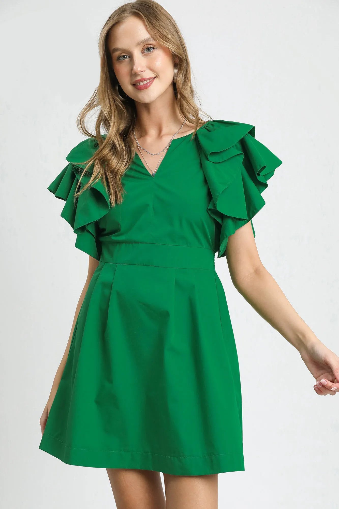 Umgee Double Ruffle Sleeve Fit and Flare Dress Dark Green / M Umgee Double Ruffle Sleeve Fit and Flare Dress Dark Green / M