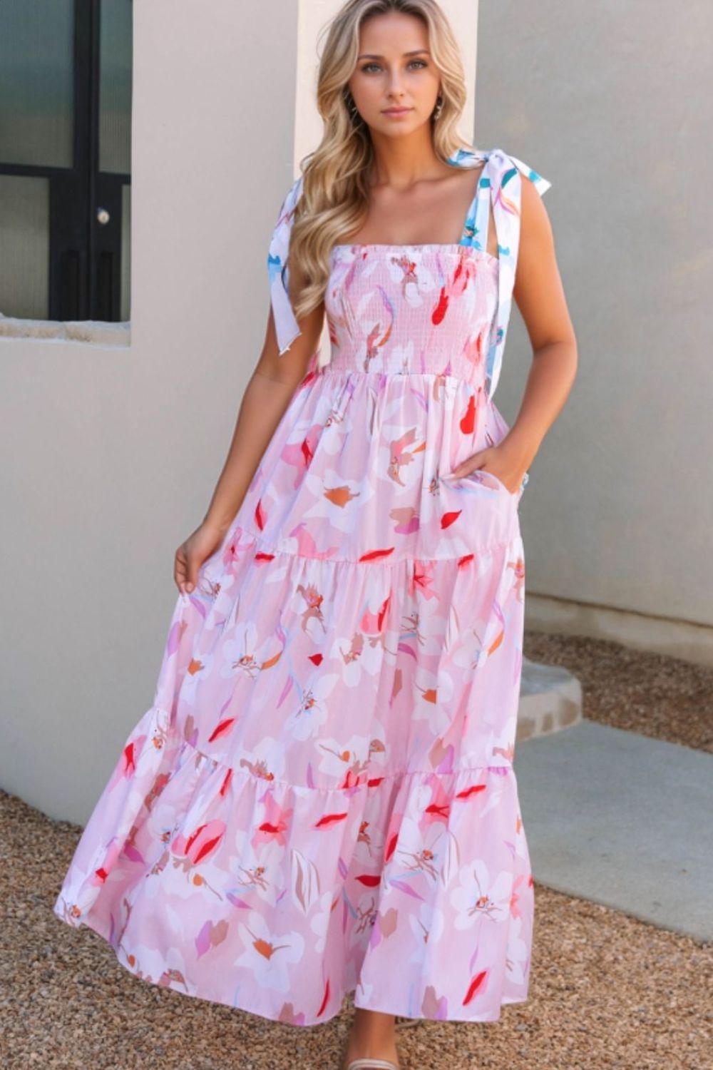 floral smocked maxi dress Floral Print Knotted Shoulder Smocked Maxi Dress Blush Pink / S