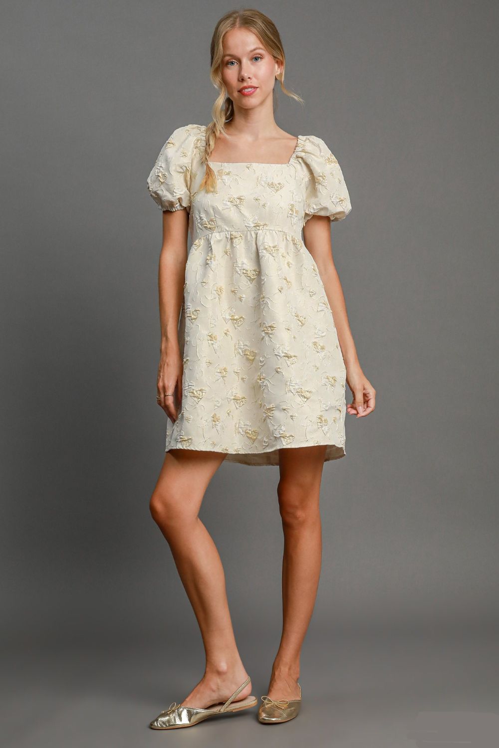 Umgee Heart Jacquard Square Neck Puff Sleeve Mini Dress - Charming Charlie
