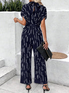 Tied Printed Mock Neck Wide Leg Jumpsuit - Charming Charlie