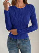 Fuzzy Ribbed Texture Round Neck Long Sleeve Top