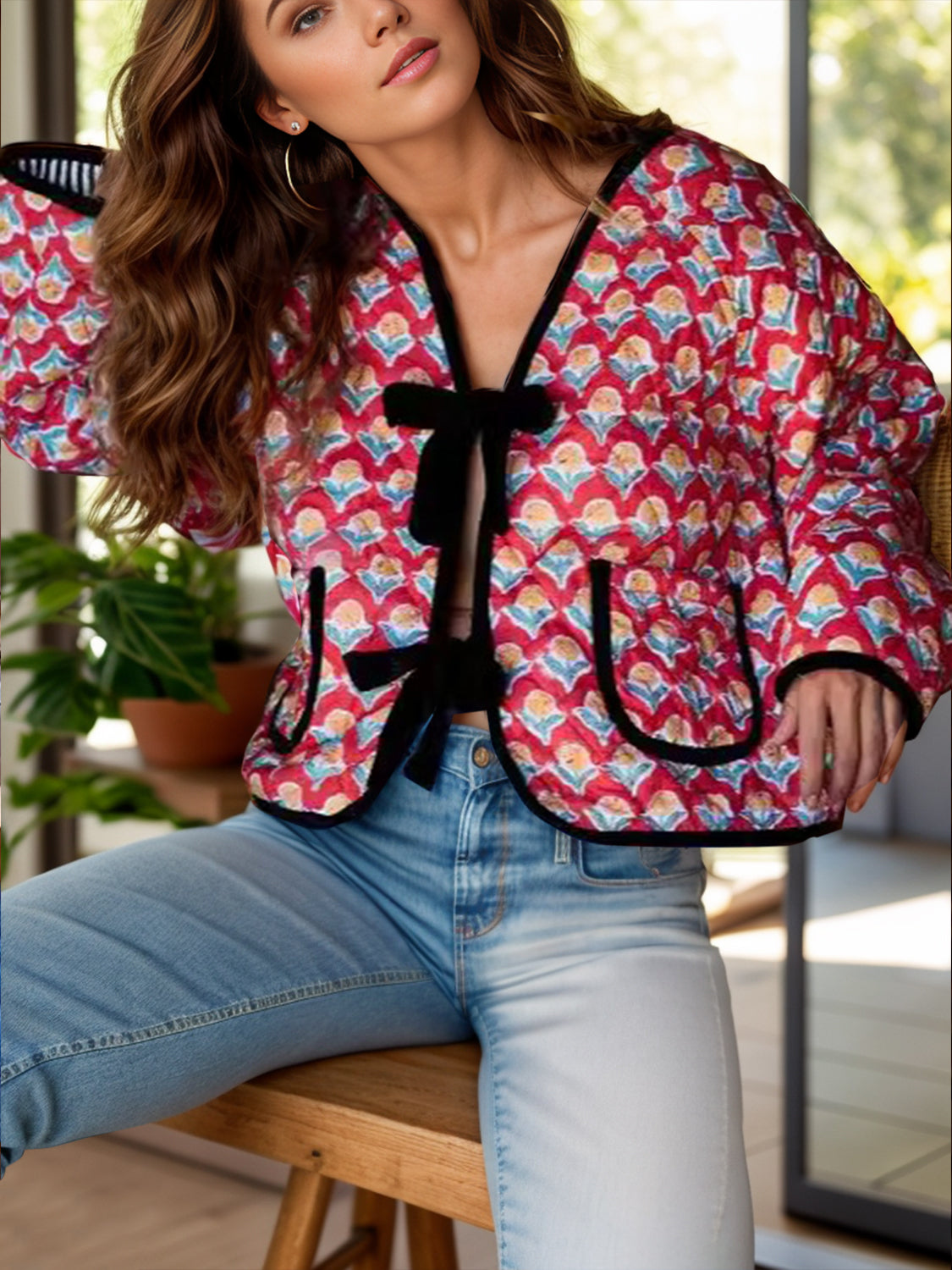 Tied Printed Long Sleeve Jacket - Charming Charlie