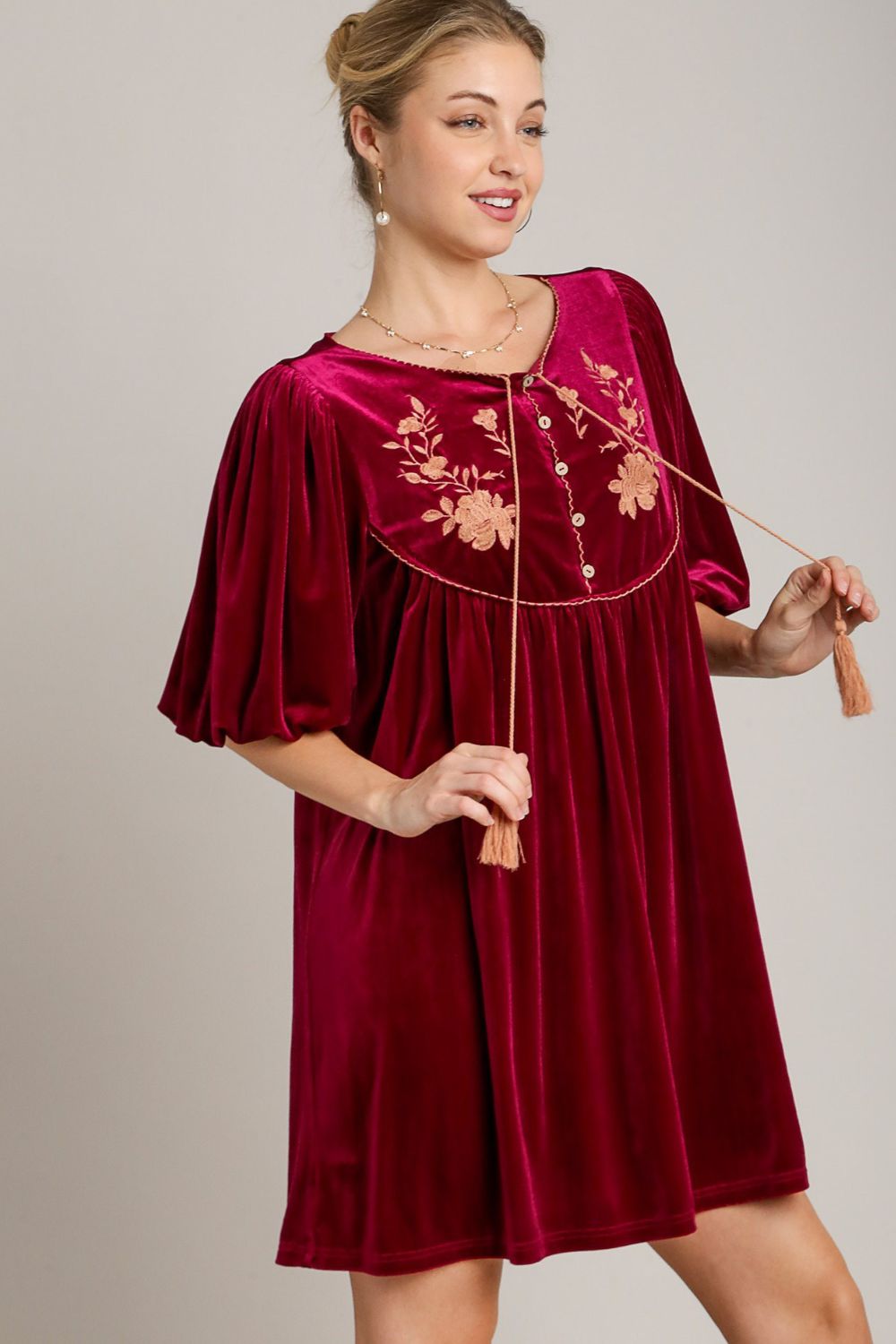 Umgee Embroidered Half Sleeve Velvet Mini Dress with Tassel Charming Charlie Umgee Embroidered Half Sleeve Velvet Mini Dress with Tassel Charming Charlie