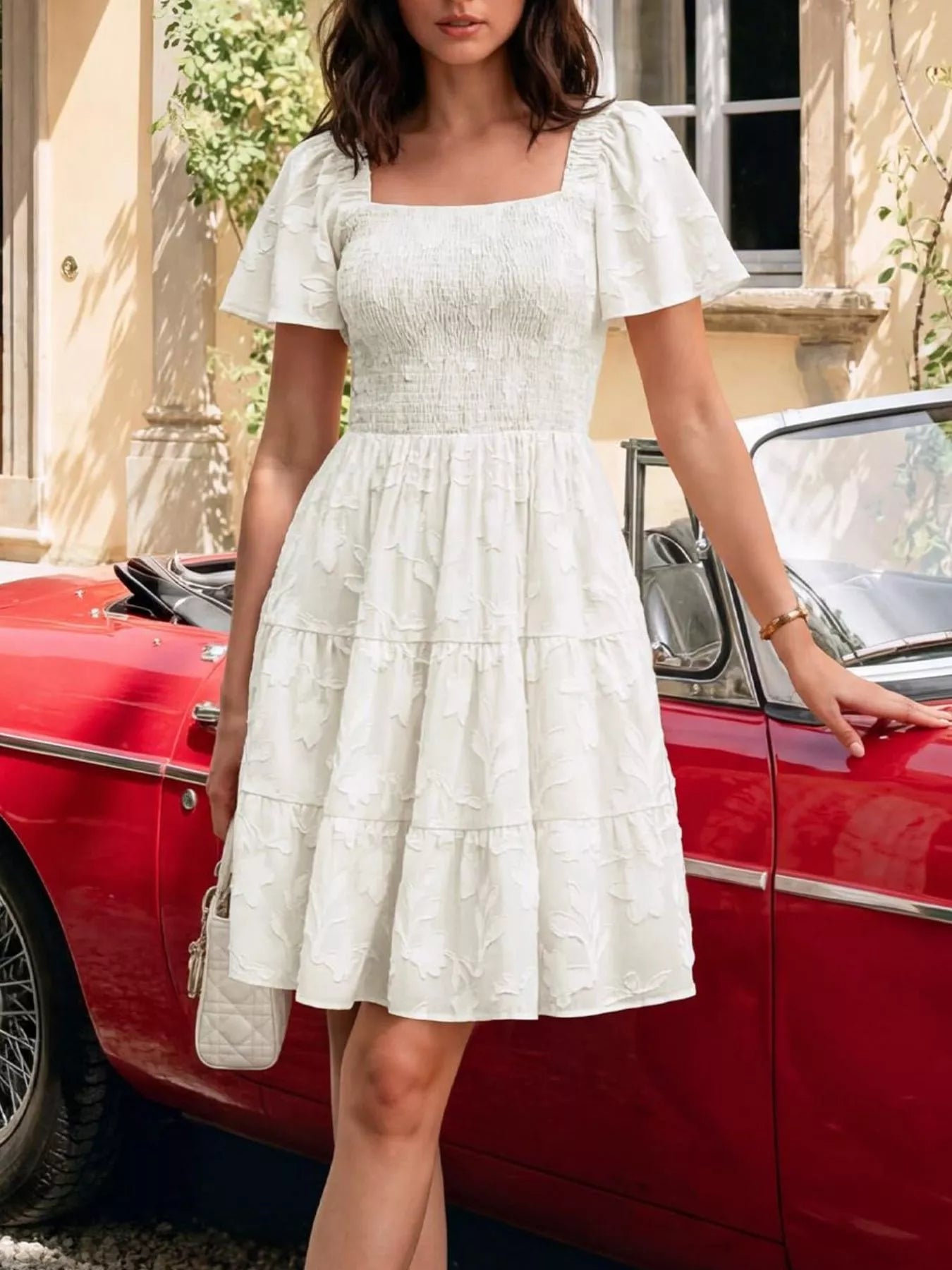 smocked tiered mini dress Smocked Square Neck Tiered Mini Dress White / S
