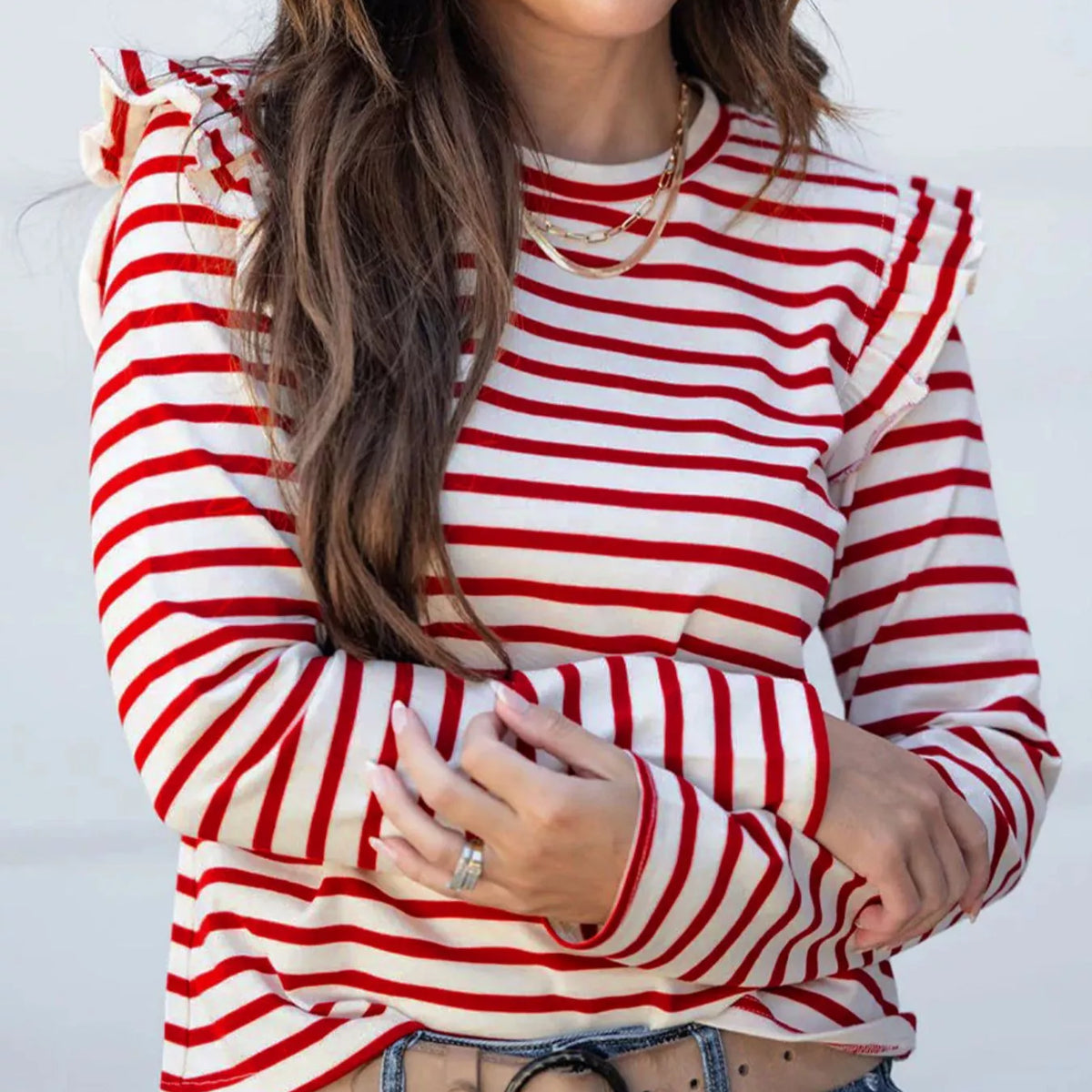 Round Neck With Ruffles Stripe Round Neck Ruffle Trim Long Sleeve Top – Charming Charlie