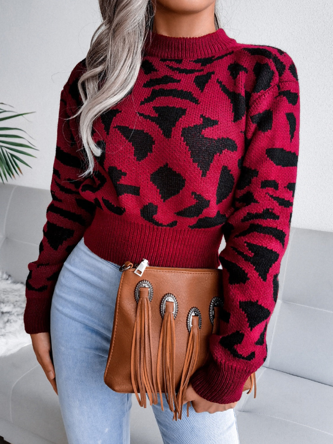 Leopard Round Neck Dropped Shoulder Sweater - Charming Charlie
