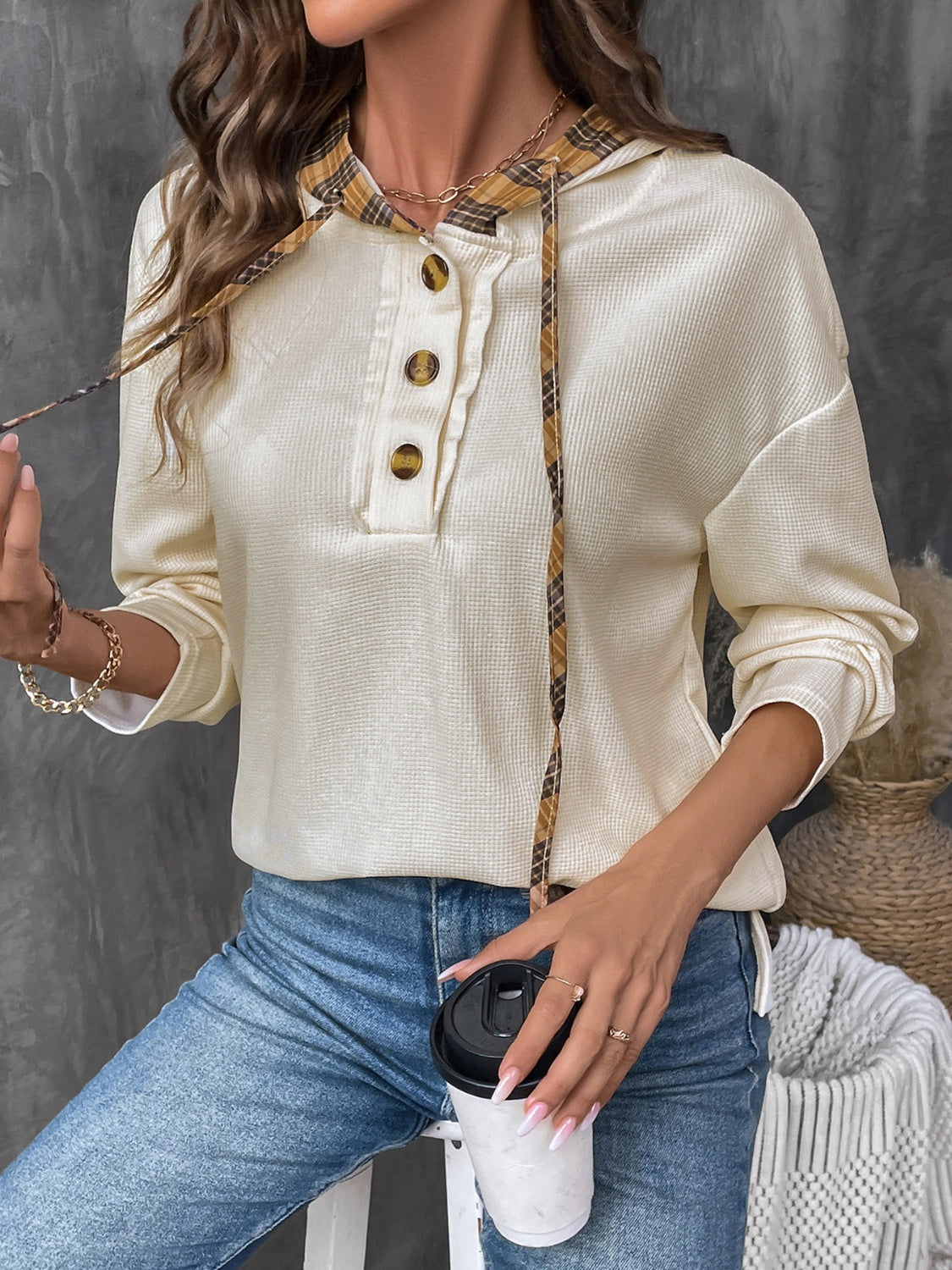Drawstring Long Sleeve Hooded T-Shirt - Charming Charlie