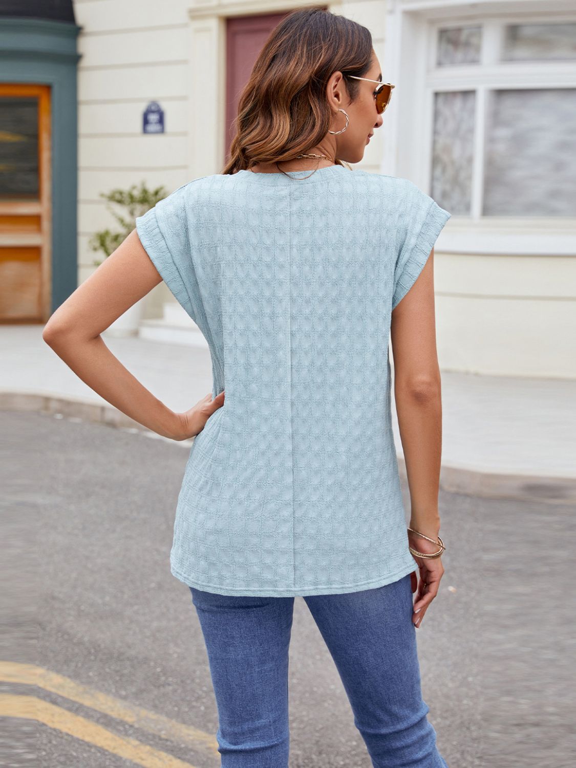 Textured Round Neck Cap Sleeve T-Shirt - Charming Charlie