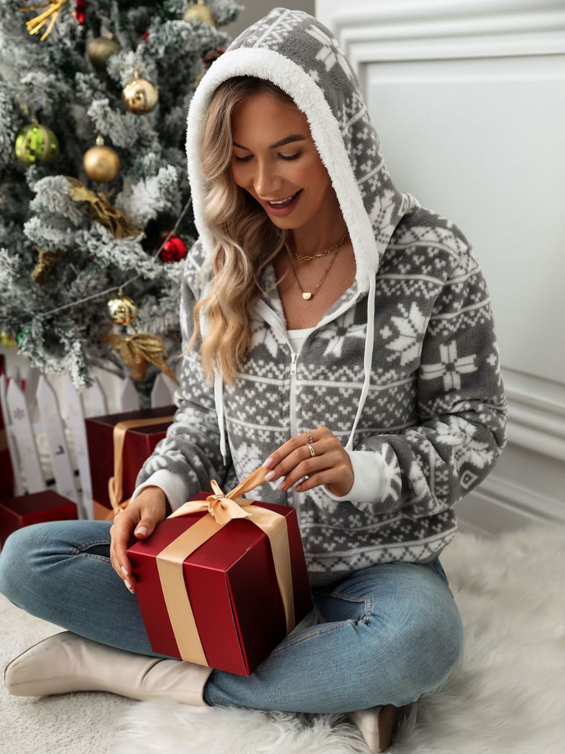 Drawstring Snowflake Zip Up Hooded Outerwear - Charming Charlie