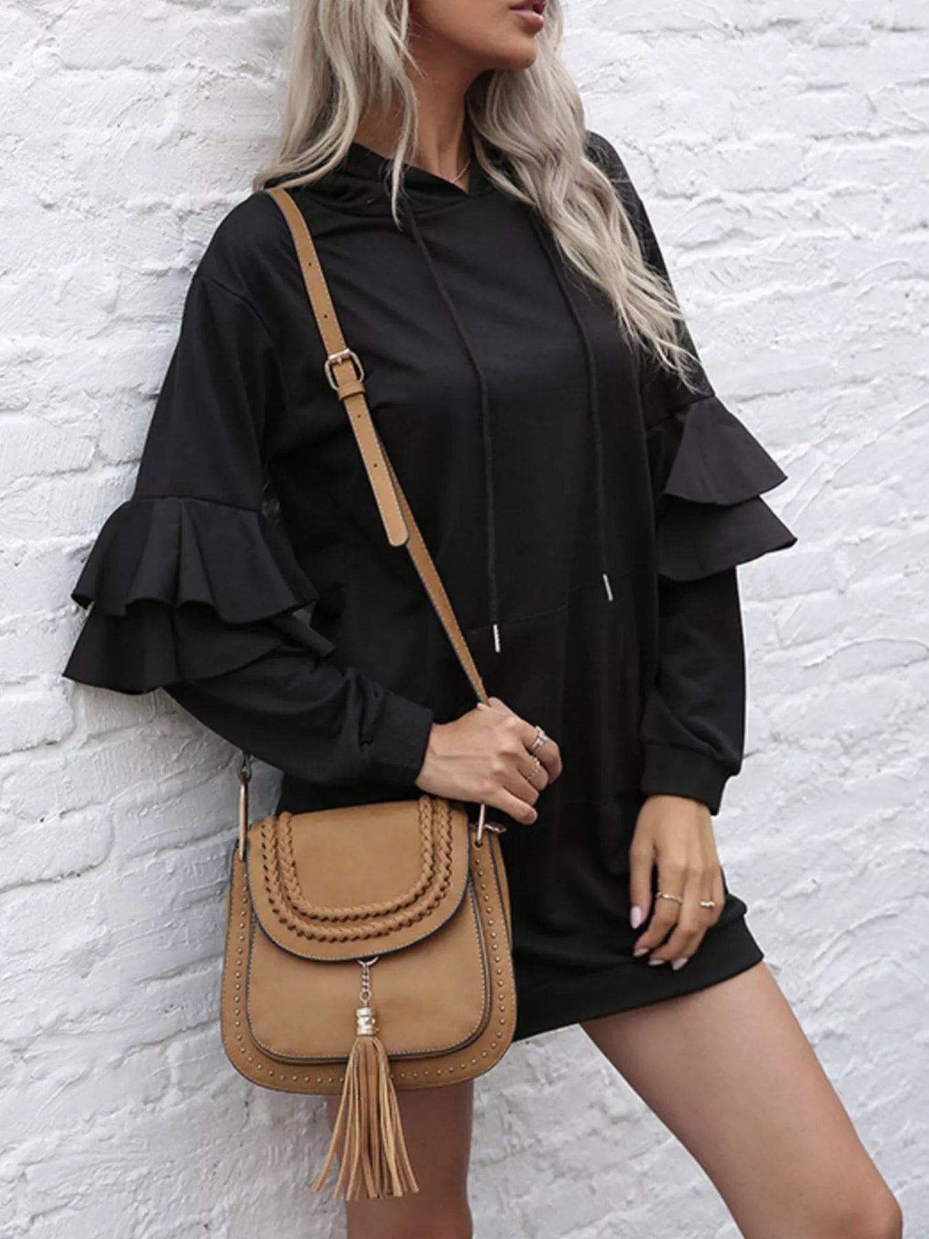 Ruffle Long Sleeve Hooded Mini Dress Black / M
