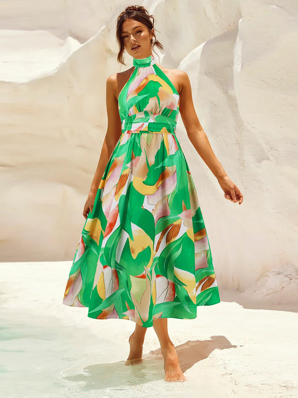 Ruched Printed Halter Neck Sleeveless Dress – Charming Charlie