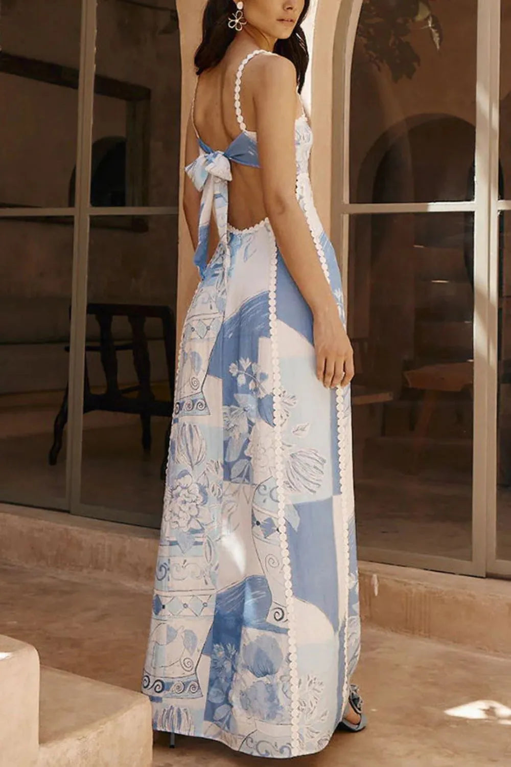 Cutout Back Printed Square Neck Maxi Dress Light Blue / XL