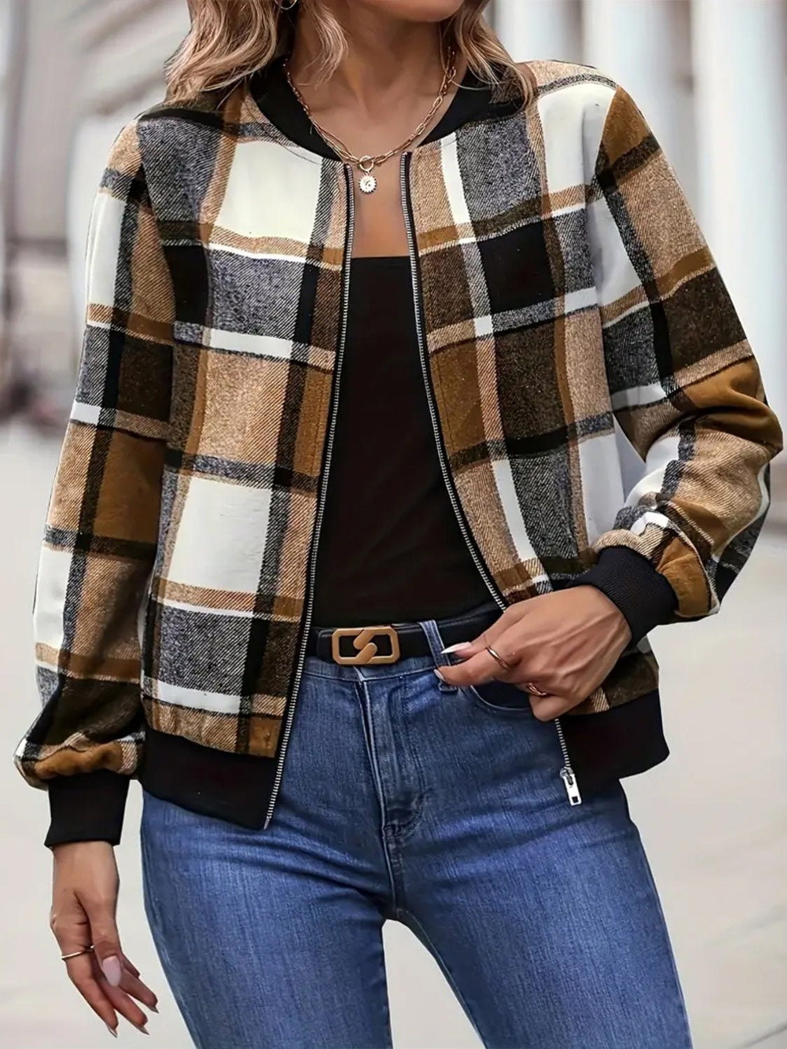 Plus Size Plaid Baseball Collar Zip Up Jacket - Charming Charlie