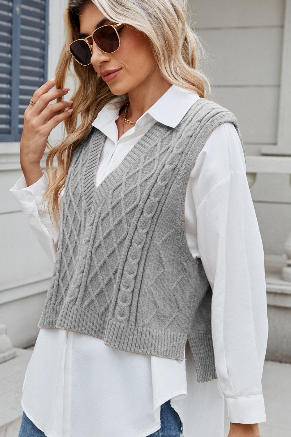 Cable-Knit V-Neck Sweater Vest – Charming Charlie