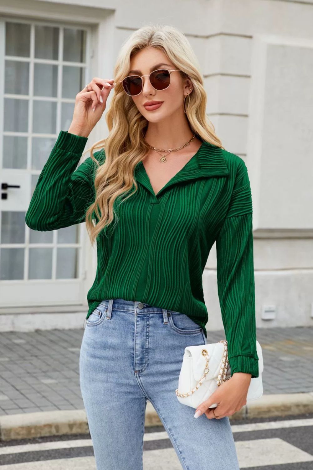 Texture Collared Neck Long Sleeve Blouse - Charming Charlie