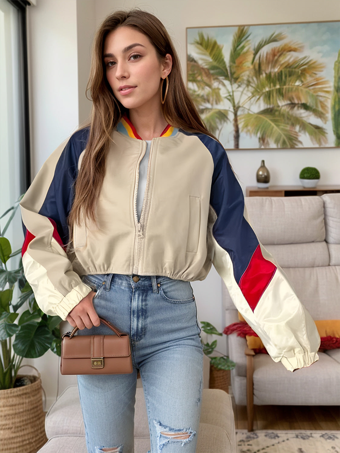 Contrast Baseball Collar Zip Up Long Sleeve Jacket - Charming Charlie