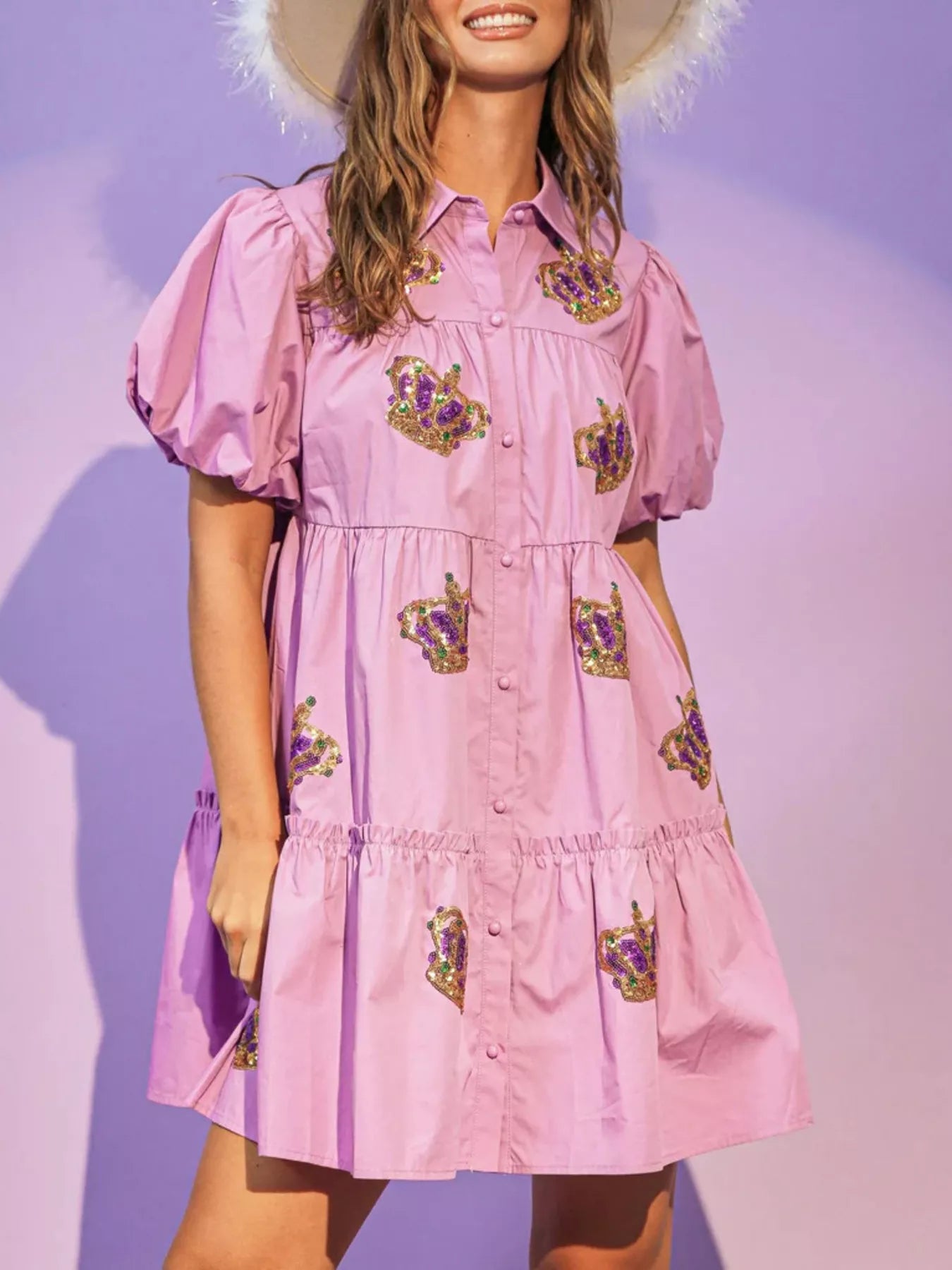 Full Size Sequin Button Front Puff Sleeve Shirt Dress Plus Size – Charming  Charlie