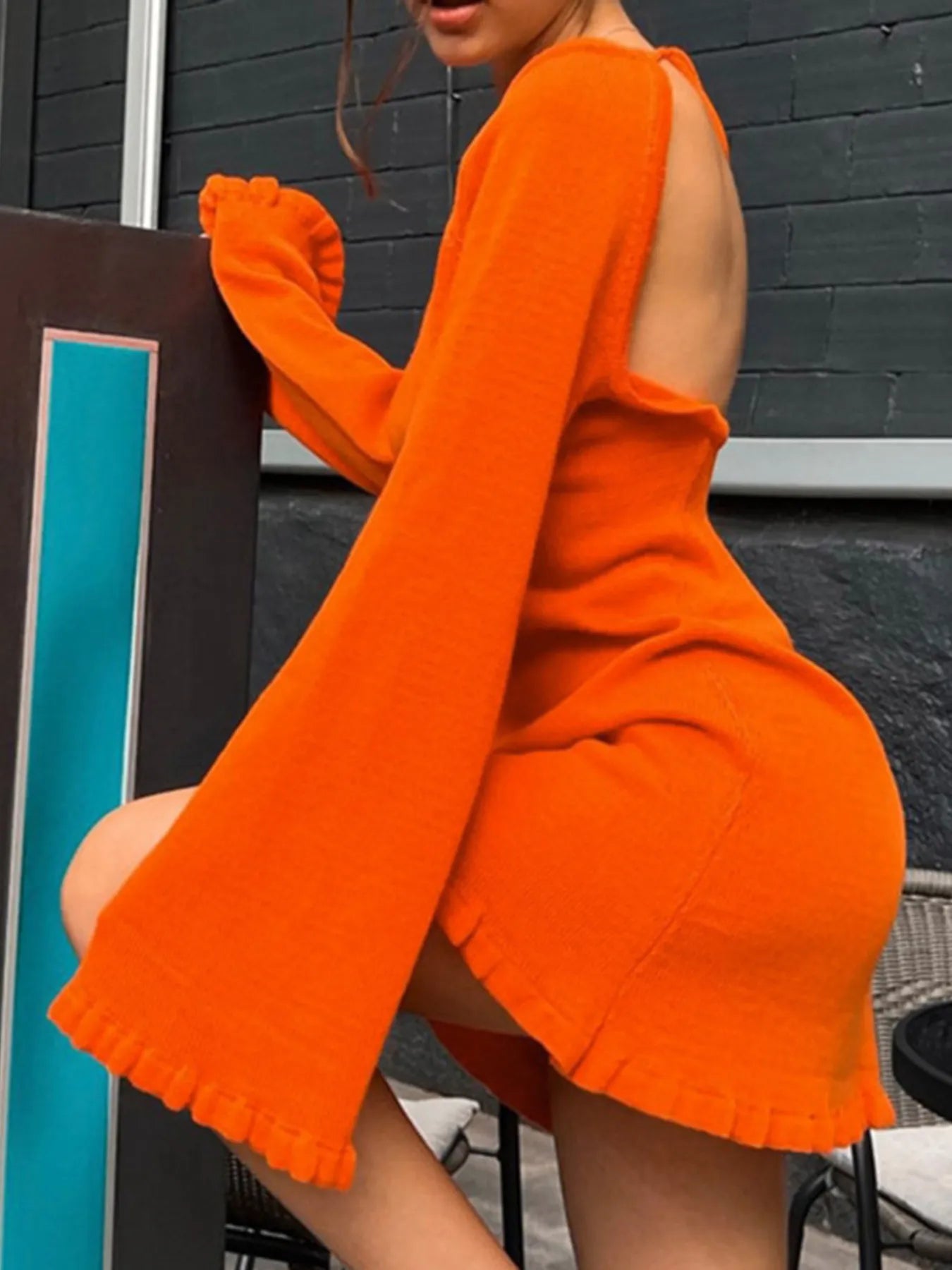 Long Sleeve Backless Sweater Dress Black / S