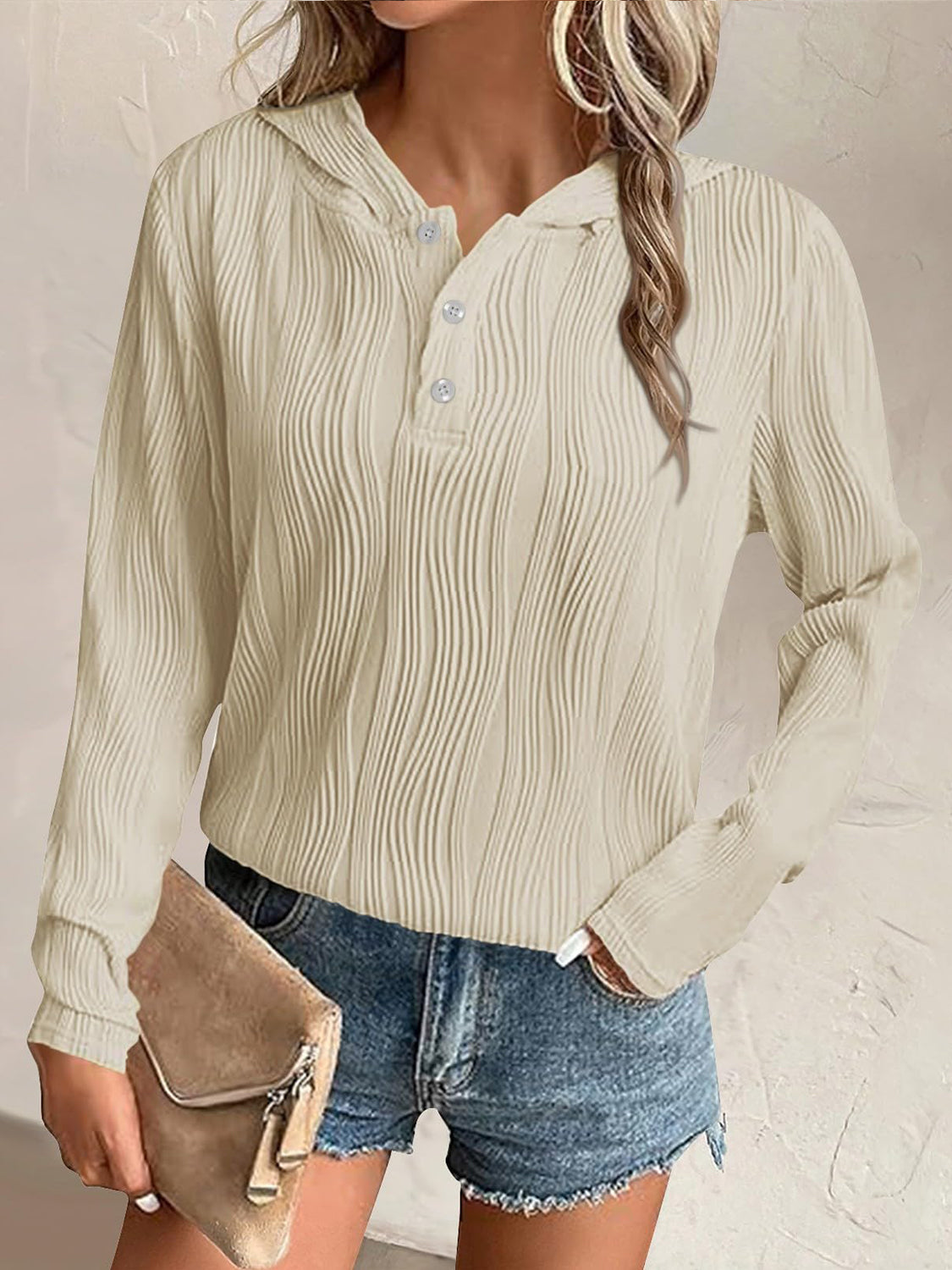 Textured Long Sleeve Hoodie - Charming Charlie