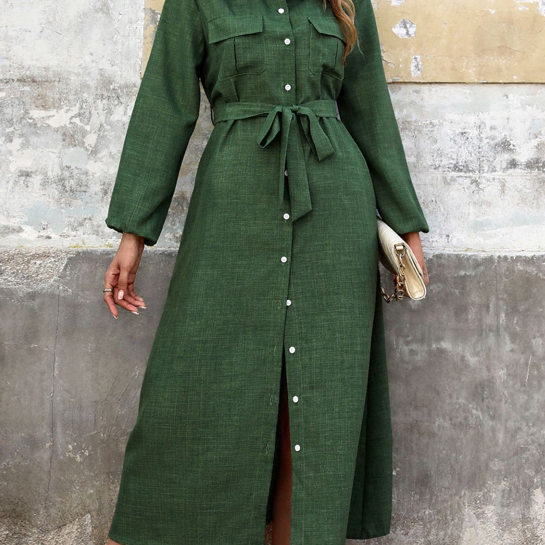 long green shirt dress Dark Green Dress, Winter Shirt Dress, Collar Midi Dress, Long Sleeve Dress, Plus Size Clothing, A Line Dress, V Neck Dress,Shirtwaist Dress