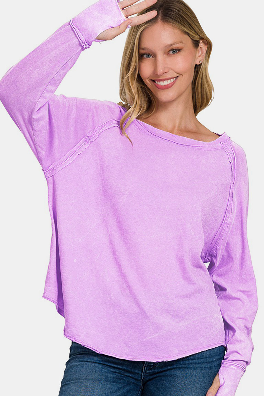 Zenana Round Neck Thumbhole Long Sleeve T-Shirt - Charming Charlie