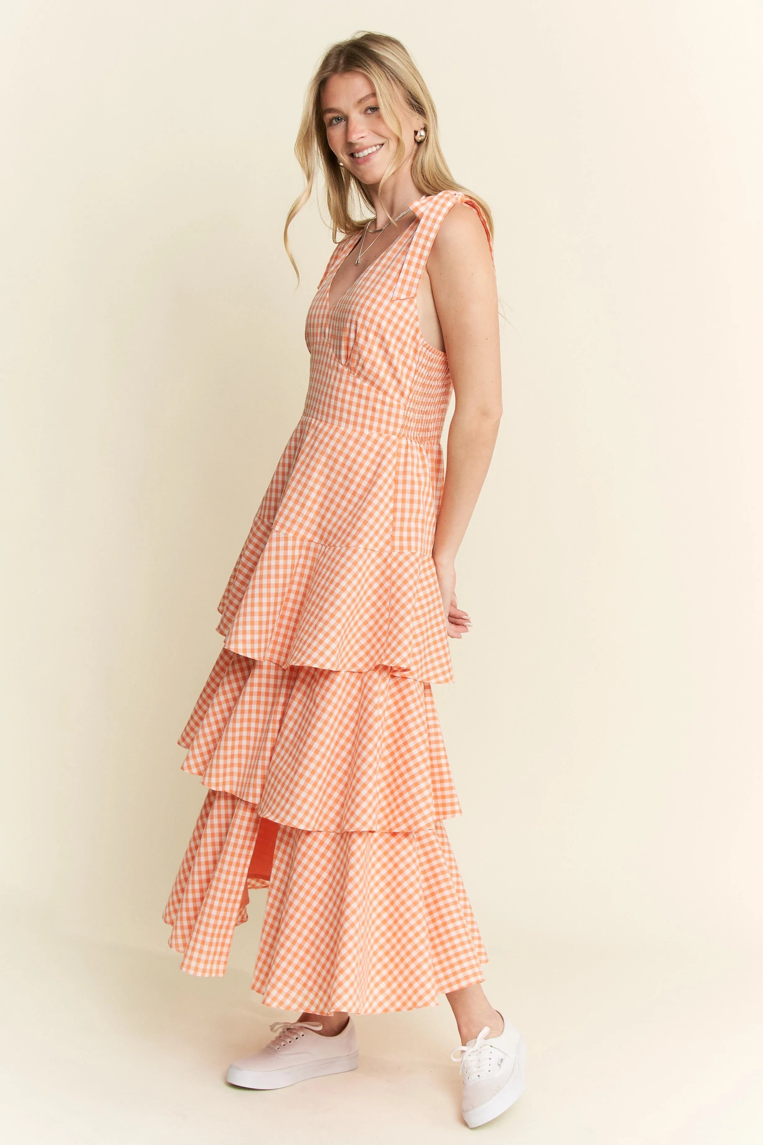 gingham tiered midi dress Jade By Jane Sleeveless Gingham Print Tiered Midi Dress – Charming Charlie