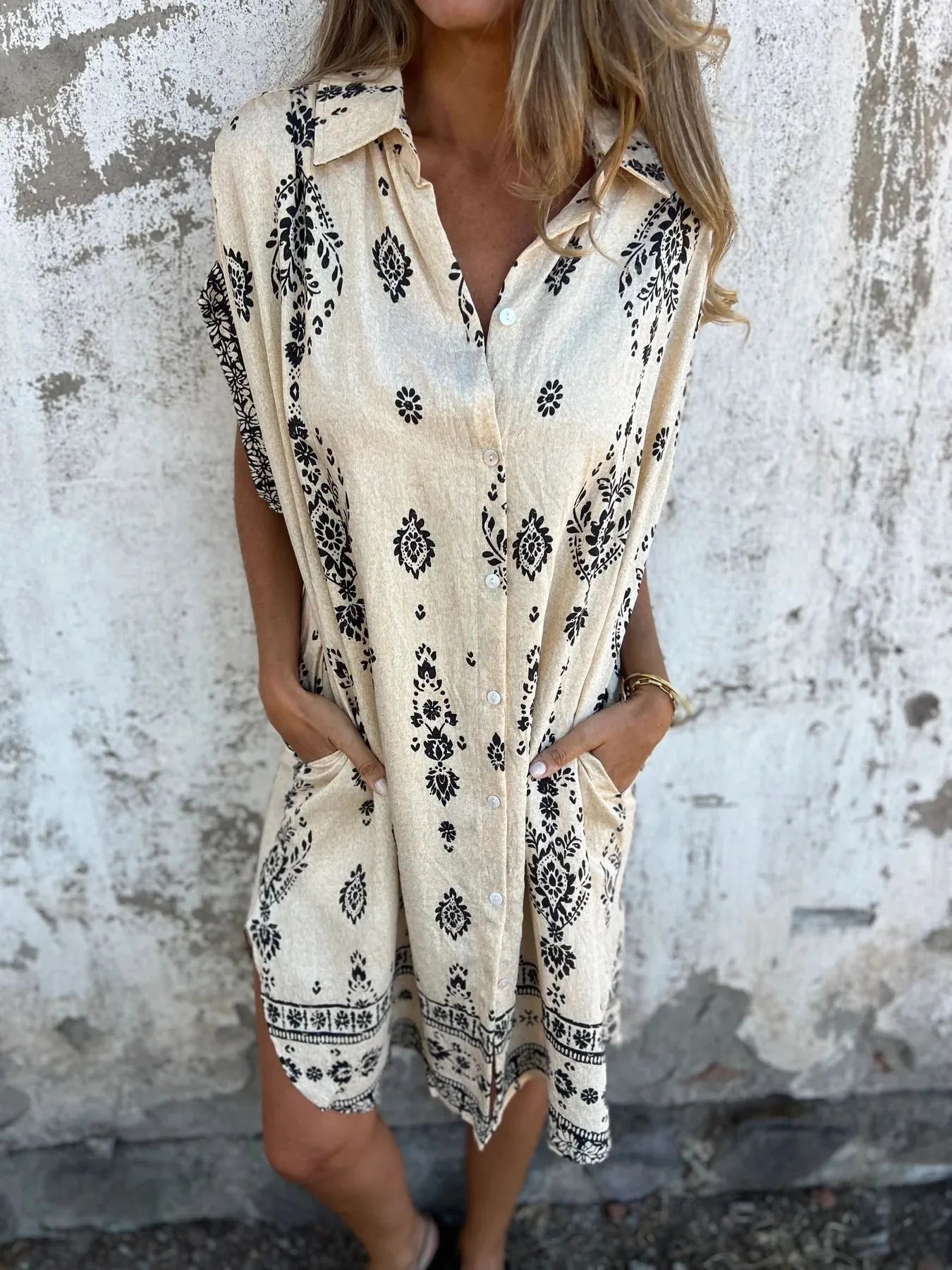 Full Size Printed Short Sleeve Button-Up Shirt Dress Plus Size Apricot / 3XL