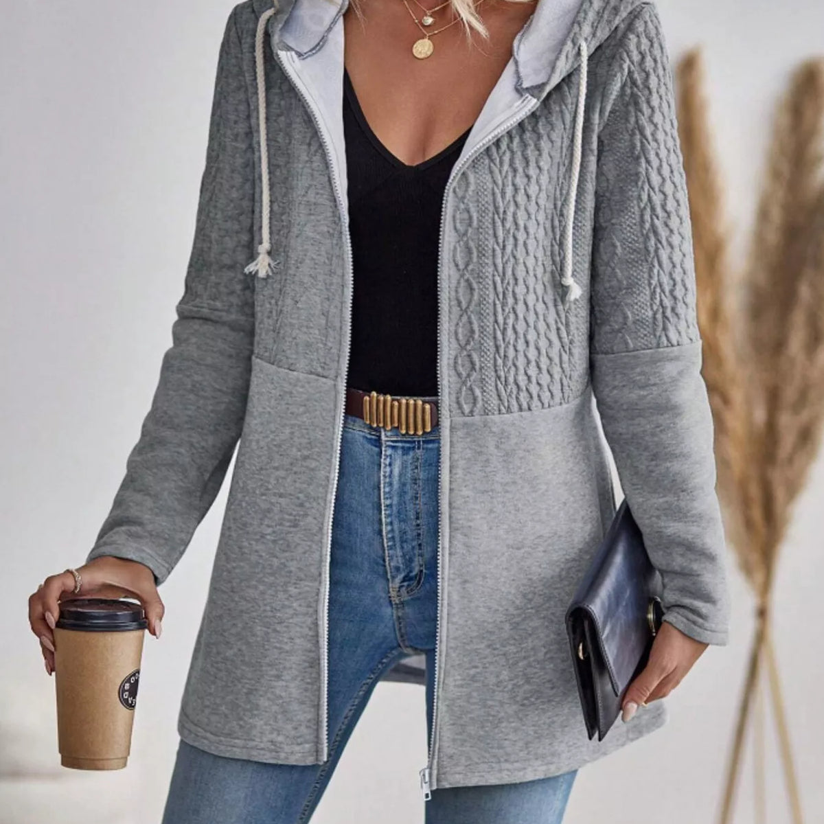 Drawstring Textured Zip Up Drawstring Hooded Jacket – Charming Charlie