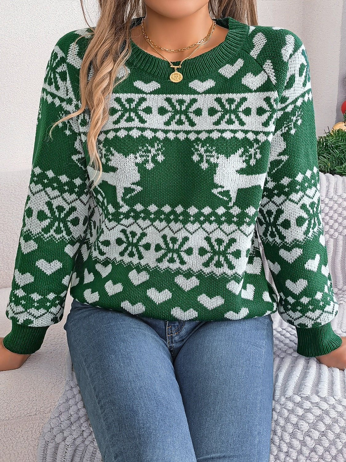 Christmas Element Round Neck Long Sleeve Sweater - Charming Charlie