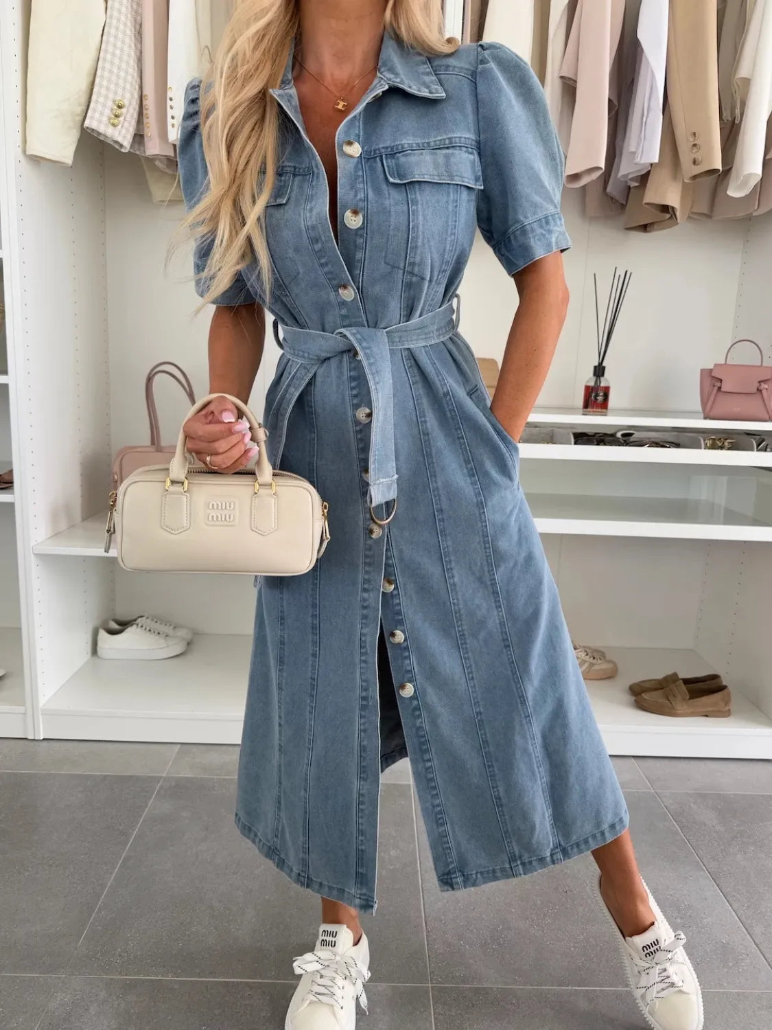 Puff Sleeve Button Down Belted Denim Midi Dress – Charming