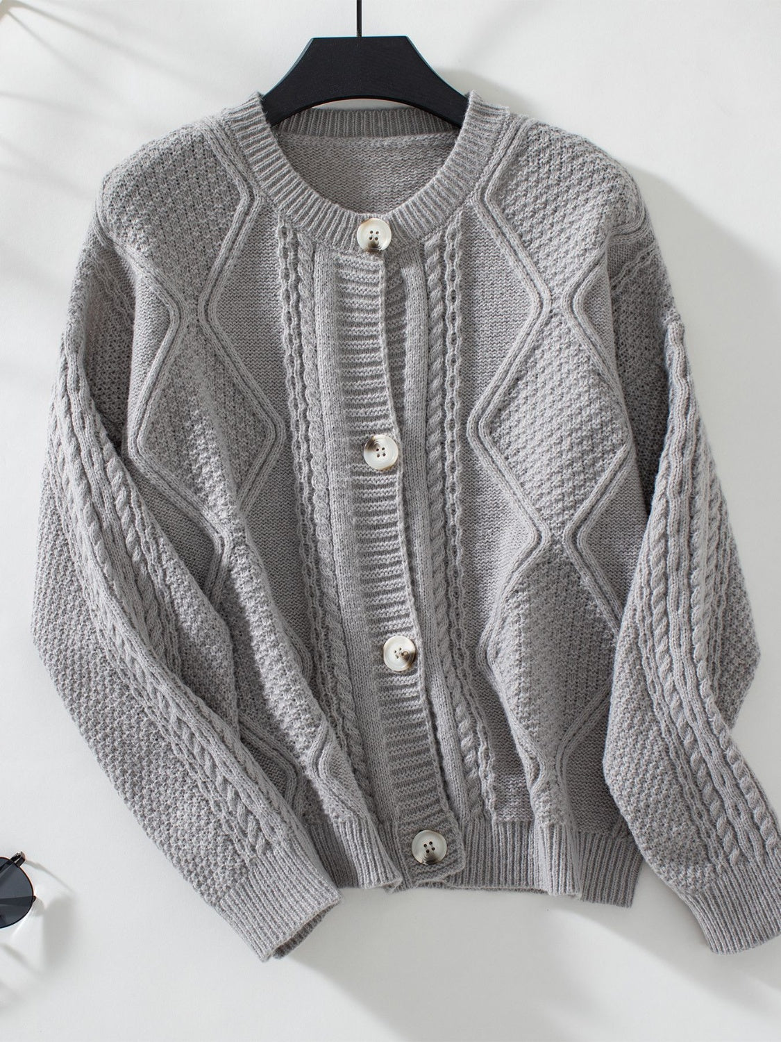 Cable-Knit Round Neck Button Up Cardigan - Charming Charlie