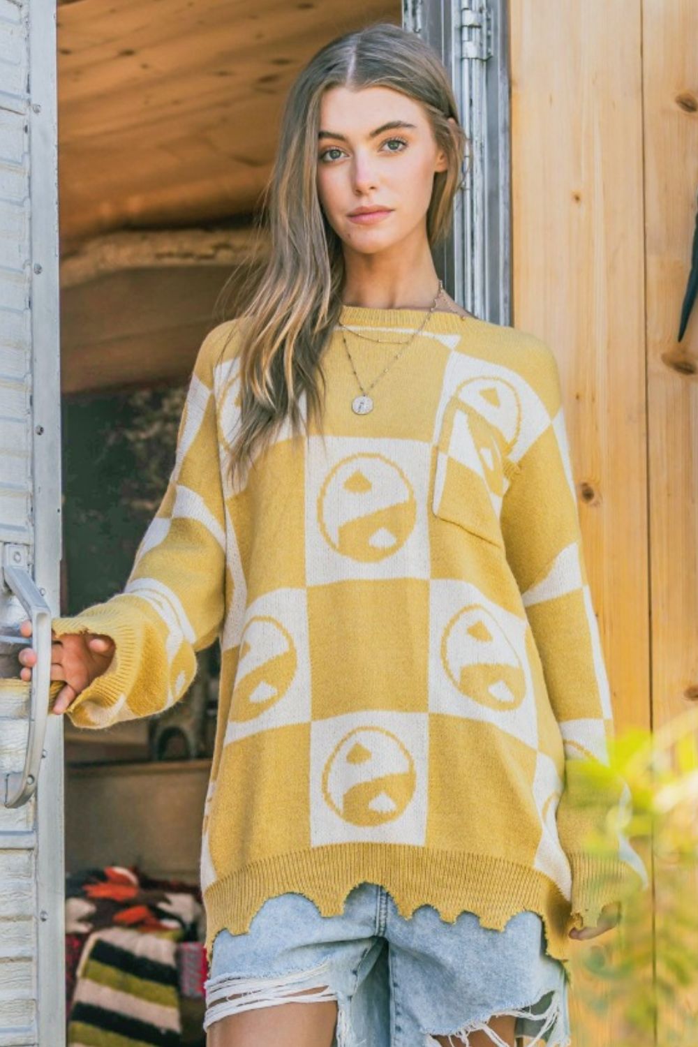 And The Why Checkerboard Sweater with Yin Yang Pattern - Charming Charlie