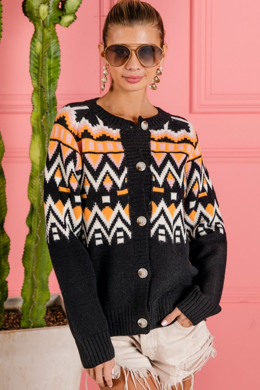BiBi Ethnic Pattern Button Up Knit Cardigan - Charming Charlie
