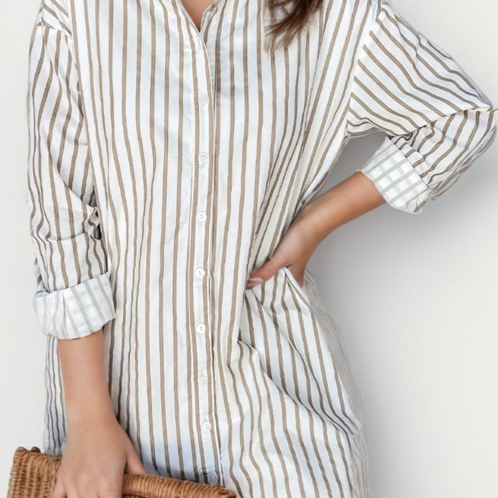 ladies striped shirt dress PETAL POWER MIDI L FREEMARKET BLUE/WHITE/GOLD / L Style it belted for definition or let it flow freely for relaxed spring weekends. Tola Striped Shirt Dress