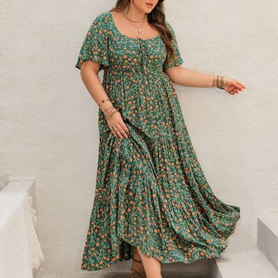 Plus Size Printed Short Sleeve Tiered Maxi Dress Dark Green / 2XL Plus Size Printed Short Sleeve Tiered Maxi Dress Dark Green / 2XL