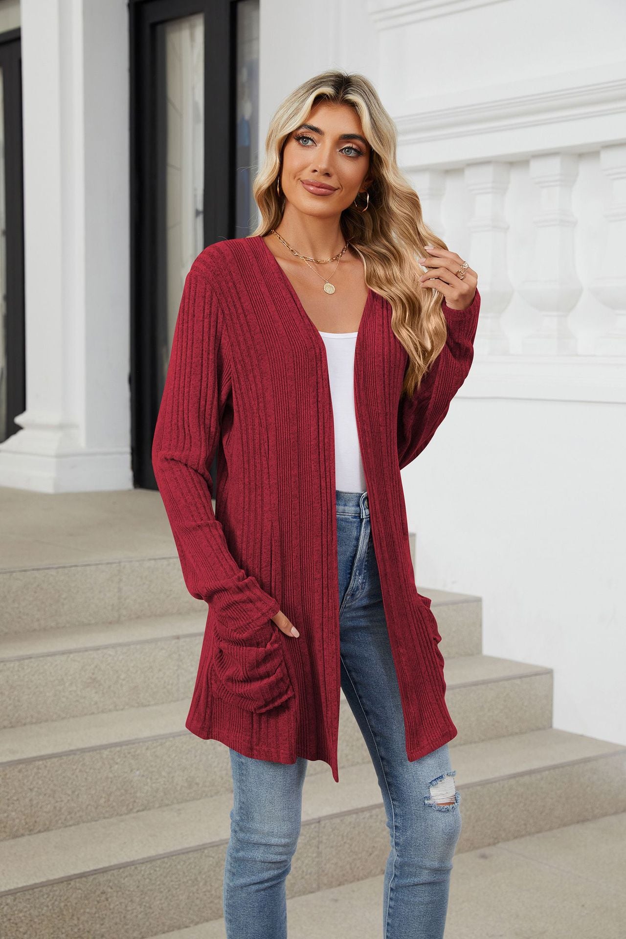 Pocketed Open Front Long Sleeve Cardigan - Charming Charlie