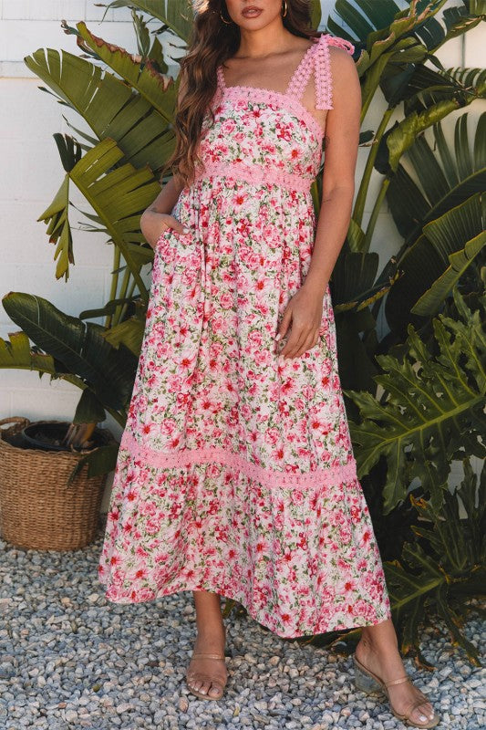 Floral Lace Tied-Strap Empire Waist Maxi Dress Floral Lace Tied-Strap Empire Waist Maxi Dress