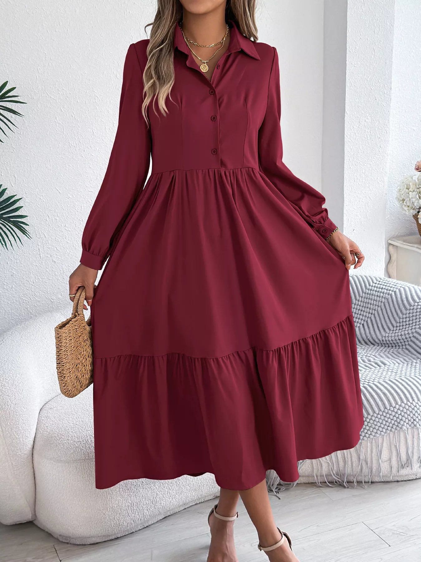 Long Sleeve Tiered Button Front Midi Dress Burgundy / S Long Sleeve Tiered Button Front Midi Dress Burgundy / S