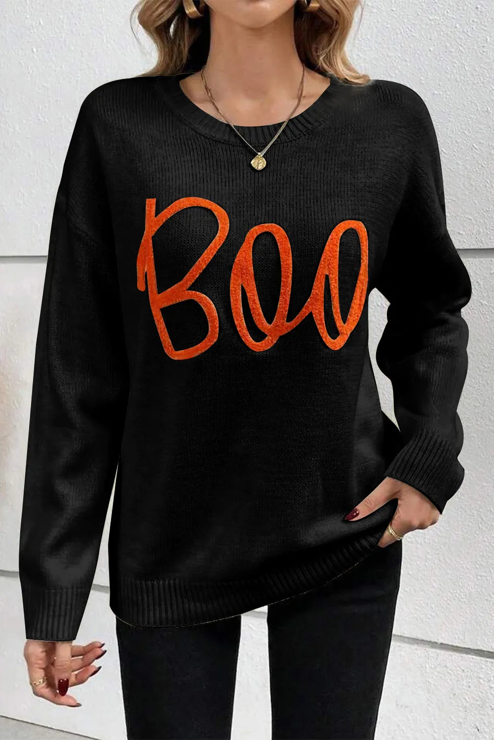BOO Round Neck Long Sleeve Sweater - Charming Charlie