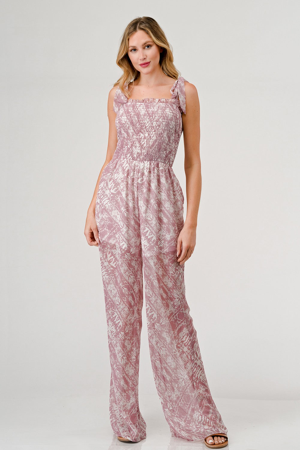 GeeGee Printed Tie Shoulder Wide Leg Jumpsuit - Charming Charlie