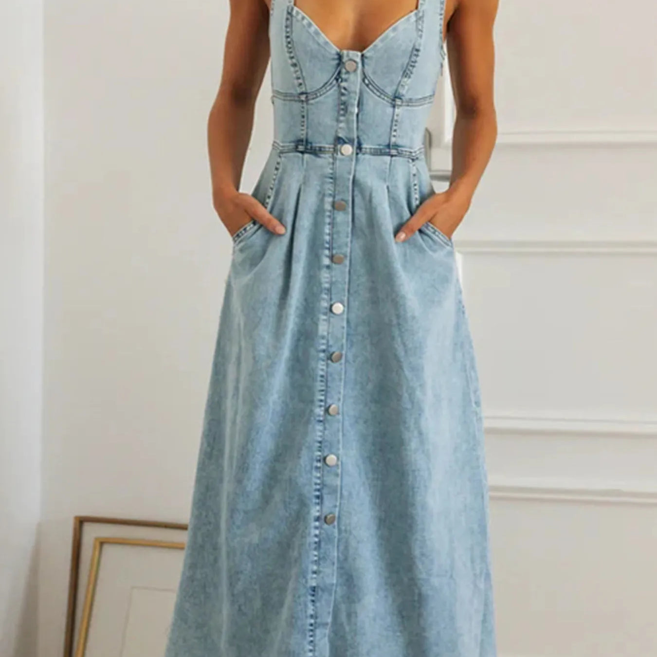 Sweetheart Neck Button-Front Midi Denim Dress Charming Charlie Sweetheart Neck Button-Front Midi Denim Dress Charming Charlie