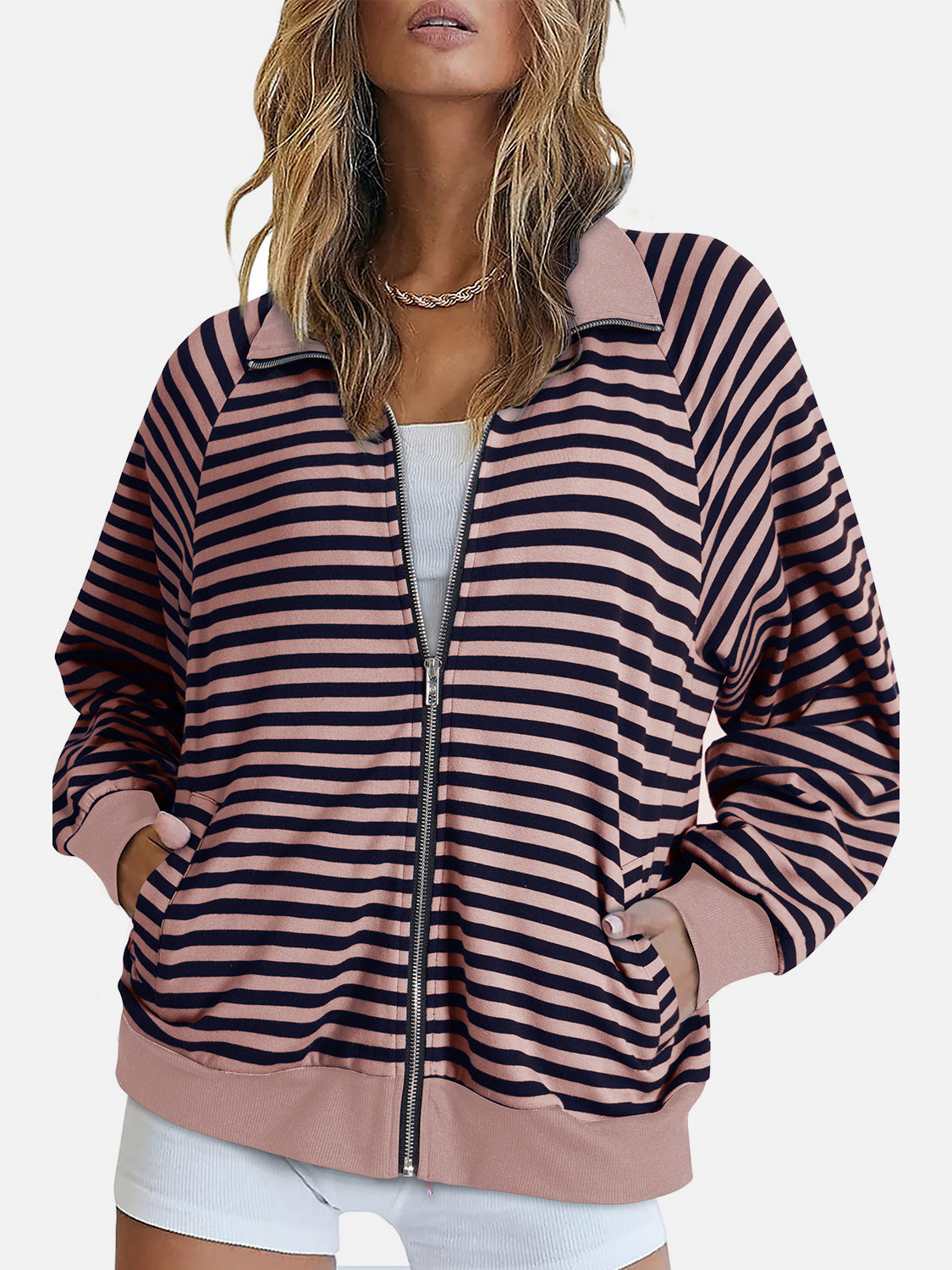 Striped Zip Up Long Sleeve Sweatshirt - Charming Charlie