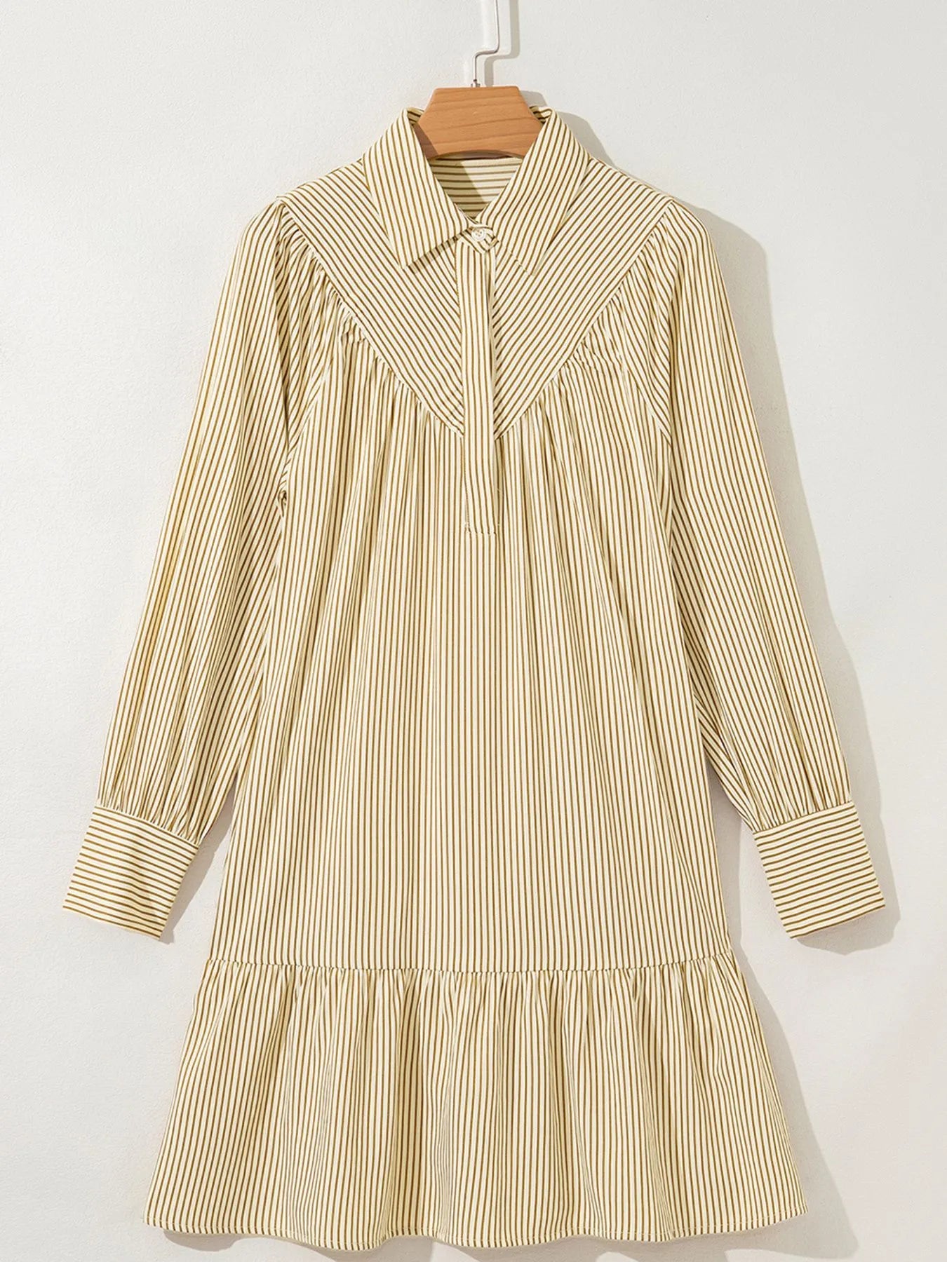 Stripe Collared Neck Cuffed Long Sleeve Drop Waist Mini Dress Pastel Yellow / M