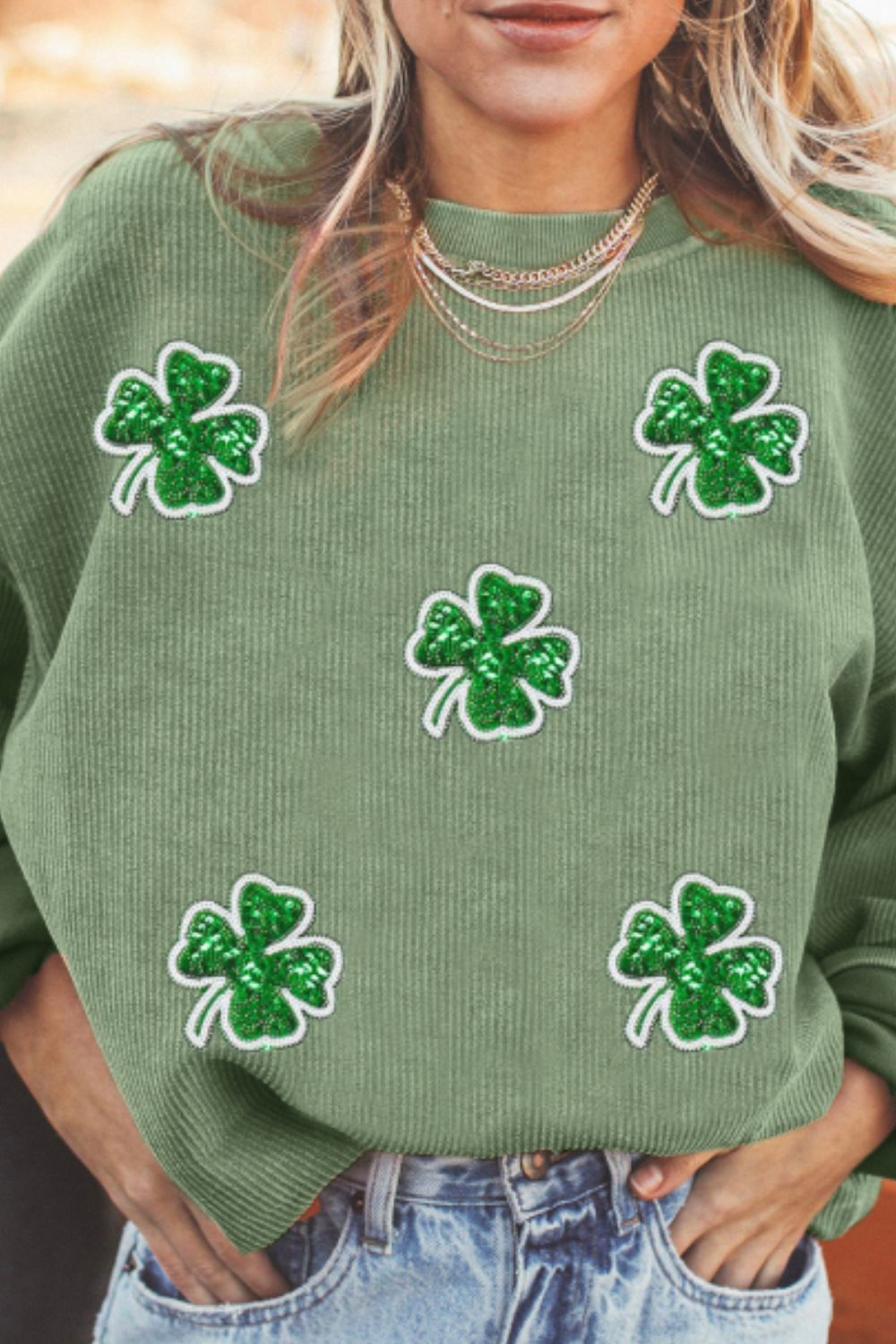 Sequin Lucky Clover Round Neck Long Sleeve Sweatshirt - Charming Charlie