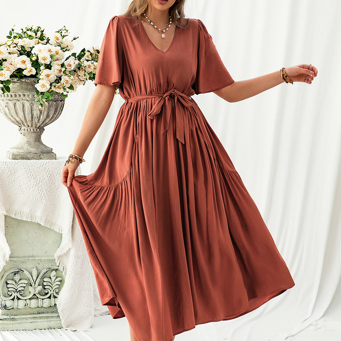 Wholesale MOQ6 Plus Size V-Neck Flutter Sleeve Midi Dress Wholesale MOQ6 Plus Size V-Neck Flutter Sleeve Midi Dress