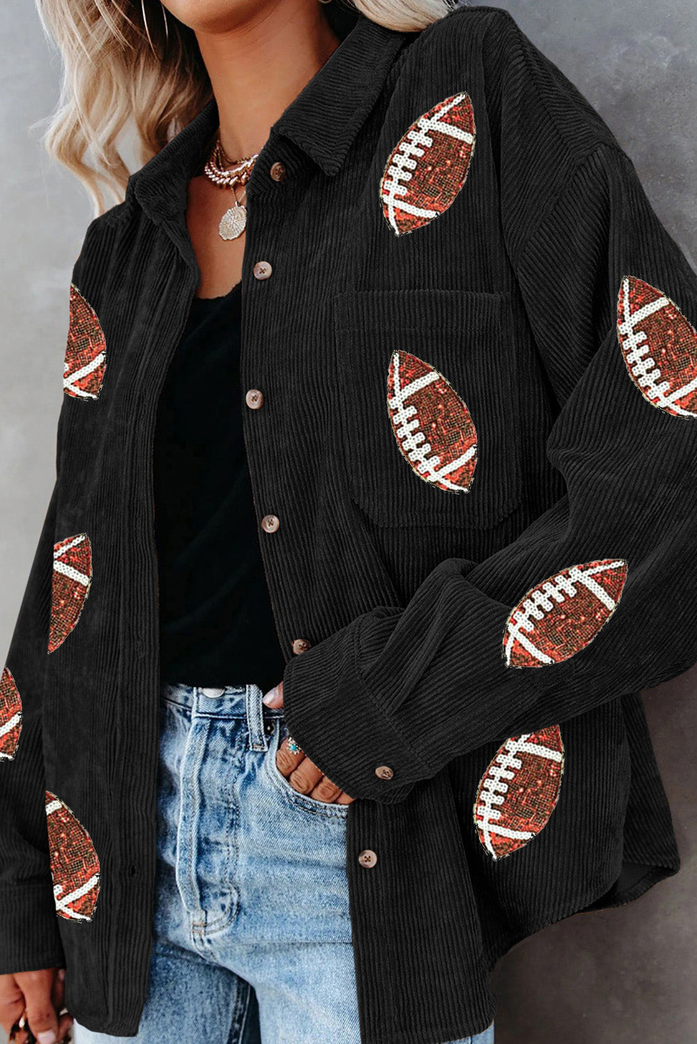 Sequin Football Button Up Long Sleeve Jacket - Charming Charlie
