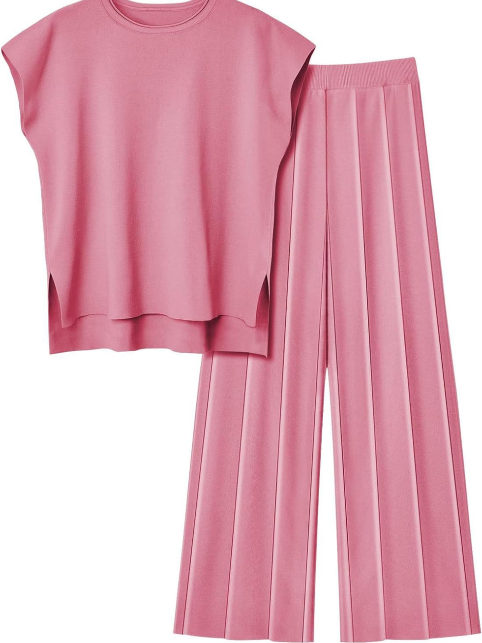 Round Neck Long Sleeve Top and Slit Pants Set