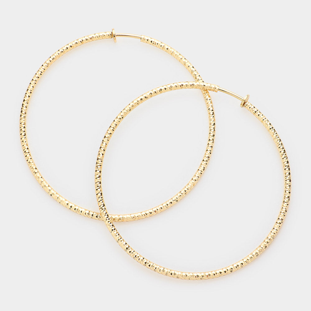 Gold 3.2" Textured Metal Hoop Clip on Earrings